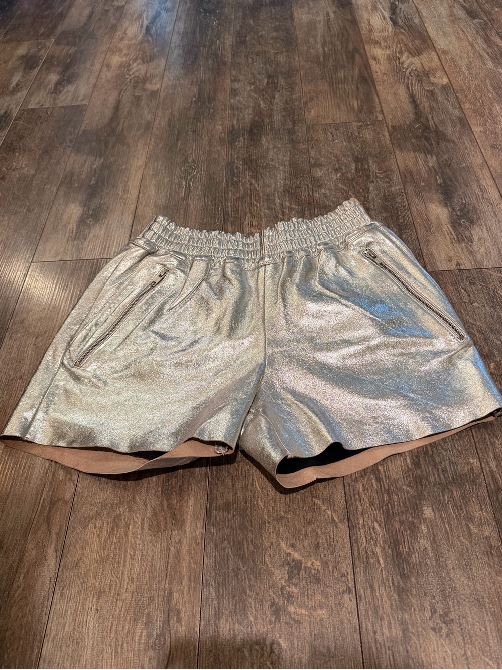 OAK Shimmery Silver Athletic Shorts with Zipper Pockets